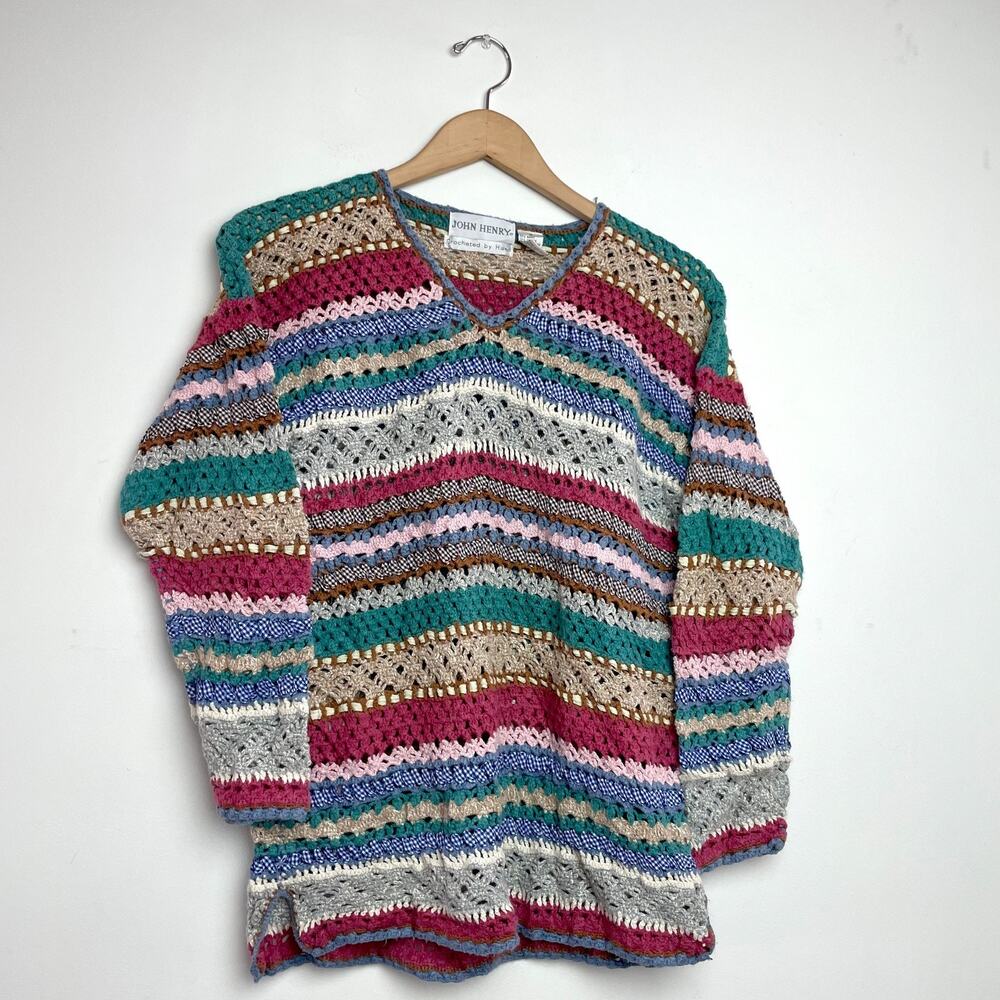 Vintage 90s Crochet‎ Patchwork Sweater Medium Boho Cottage Folk Hand Knit